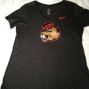 Nike Women's Heather Dark Grey and Orange Short Sleeve Tee